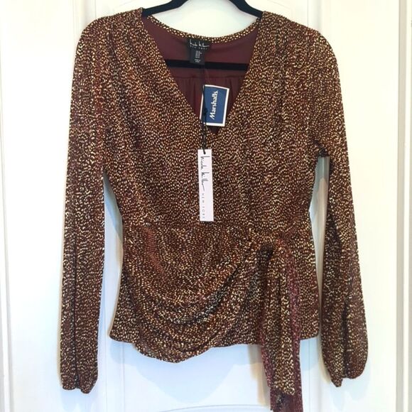 NWT Nicole Miller Top Med Dressy Brown Gold Fine Pleated Polka Dot Wrap Peplum - Picture 1 of 9